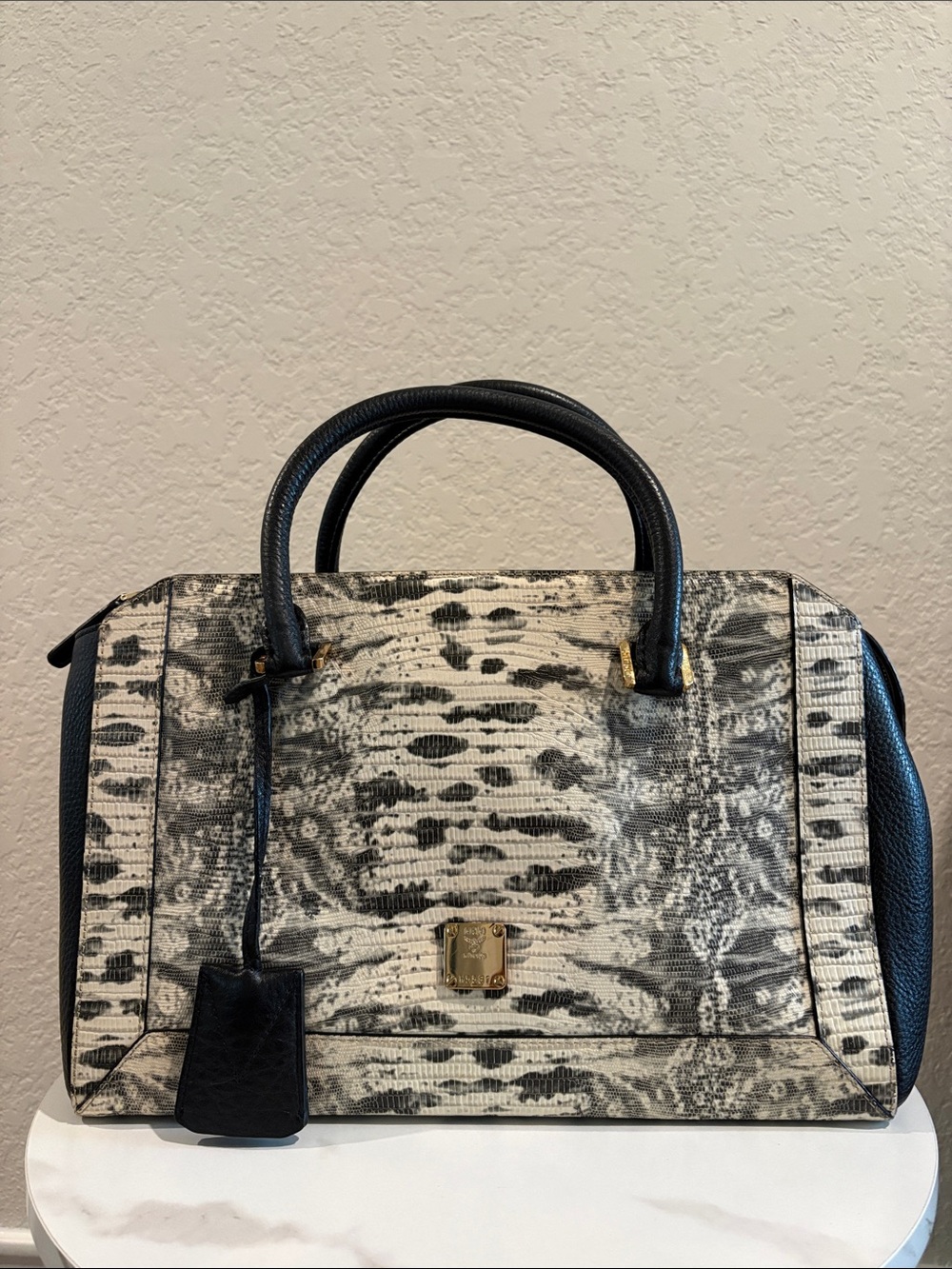 MCM Black and Cream Snake-Print Structured Satchel Leather with Charm